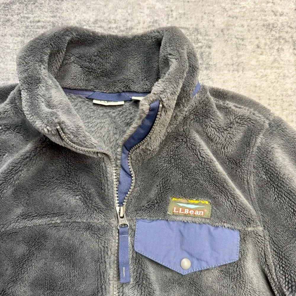 LL Bean Jacket Womens Medium Gray Hi Pile Fleece Full Zip Coat Elbow Patches - Picture 4 of 9